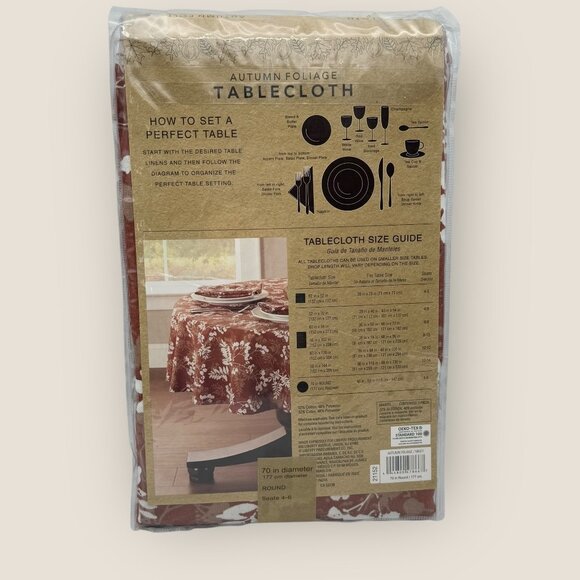 Autumn Foliage Round Tablecloth 70" Diameter Rust & White Floral Design - Picture 2 of 3